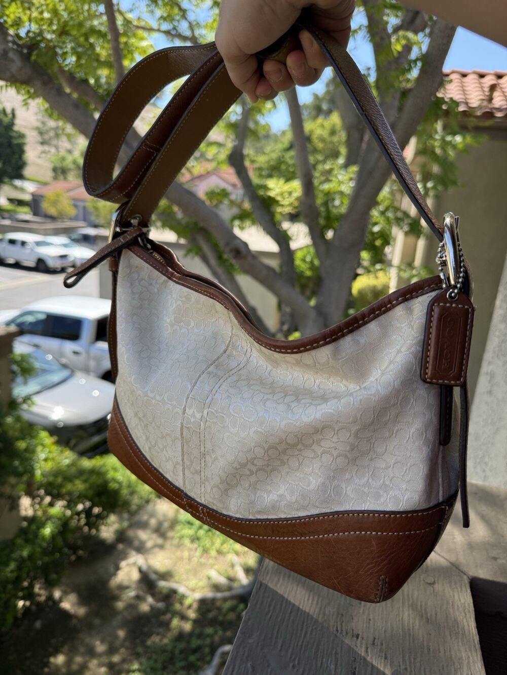 Coach F10945 Cream Canvas & White Leather Crossbody Bag Shoulder Purse